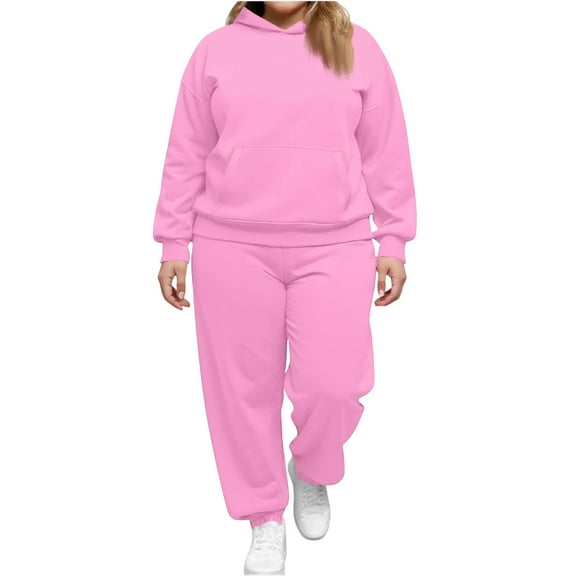 Huankd Plus Size Sweatsuits for Women 2 Piece Jogger Set Cozy Fleece Lounge Wear Oversized Winter Fashion Pink M