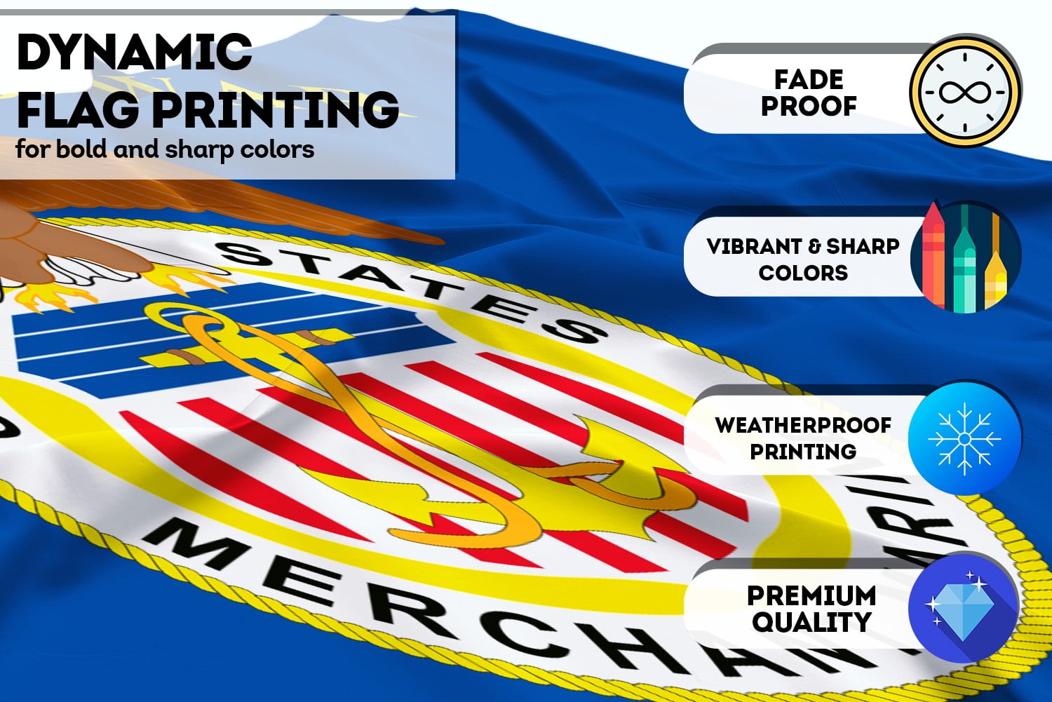 AGAS Large United States Merchant Marines Flag 4x6 Ft - Printed 200D Nylon Canvas Header Two Brass Grommets Big USA Merchant Marines Flag