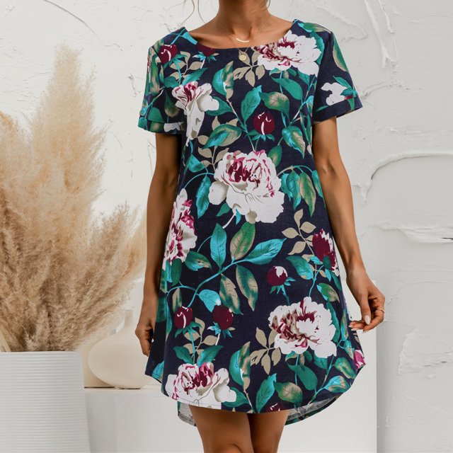 Qiopertar Robe à Manches Courtes en Coton et Lin Imprimé Fleuri pour Femmes Grandes Économies de Vacances! Moins de 5$ jusqu'à 90 % de Réduction
