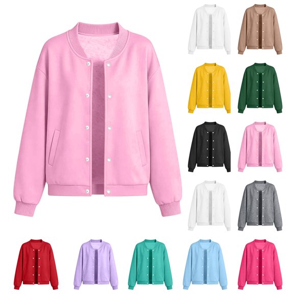 XRoczxe 4‑15 Years Old Kids Bomber Jacket, Boys Girls Solid Color Button‑Down Sweatshirt Jacket, Long‑Sleeve Casual Outerwear With Pockets
