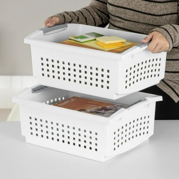 5 Piece Plastic Storage Box Set, Open Design, White, Space-saving, Home Storage Box