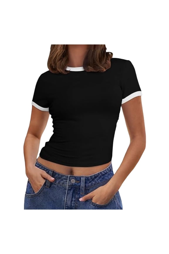 Solid Color Women Summer Short Sleeve O-Neck Stripe Shirts Slim Fit Ribbed Knit Basic Tee Tops Leisure Women Tops Dressy Casual