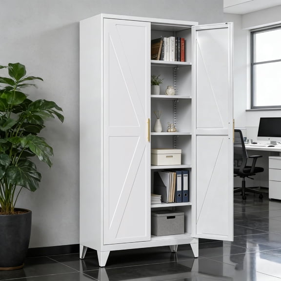 75"H Metal Pantry Cabinet, Kitchen Storage with 5 Adjustable Shelves, Cupboard for Dining Room, Living Room, Bathroom, White