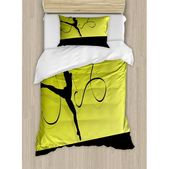 Gymnastics Duvet Cover Set Twin Size, Woman Silhouette with a Ribbon Gymnastic Healthy Activity Exercise, Decorative 2 Piece Bedding Set with 1 Pillow Sham, Black Yellow and Green, by Ambesonne