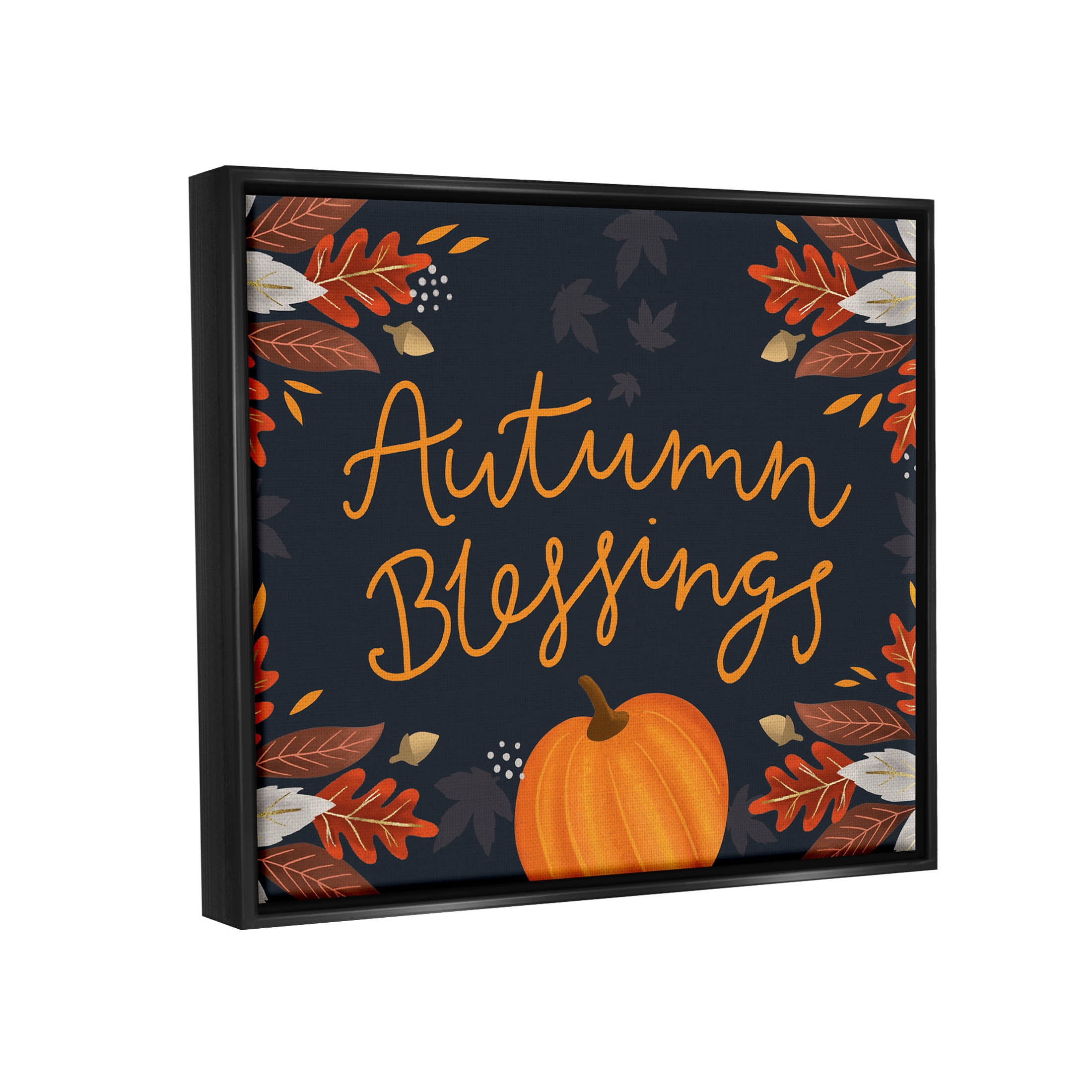 Autumn Blessings Fall Leaves Pumpkin Holiday Graphic Art Jet Black Framed Art Print Wall Art