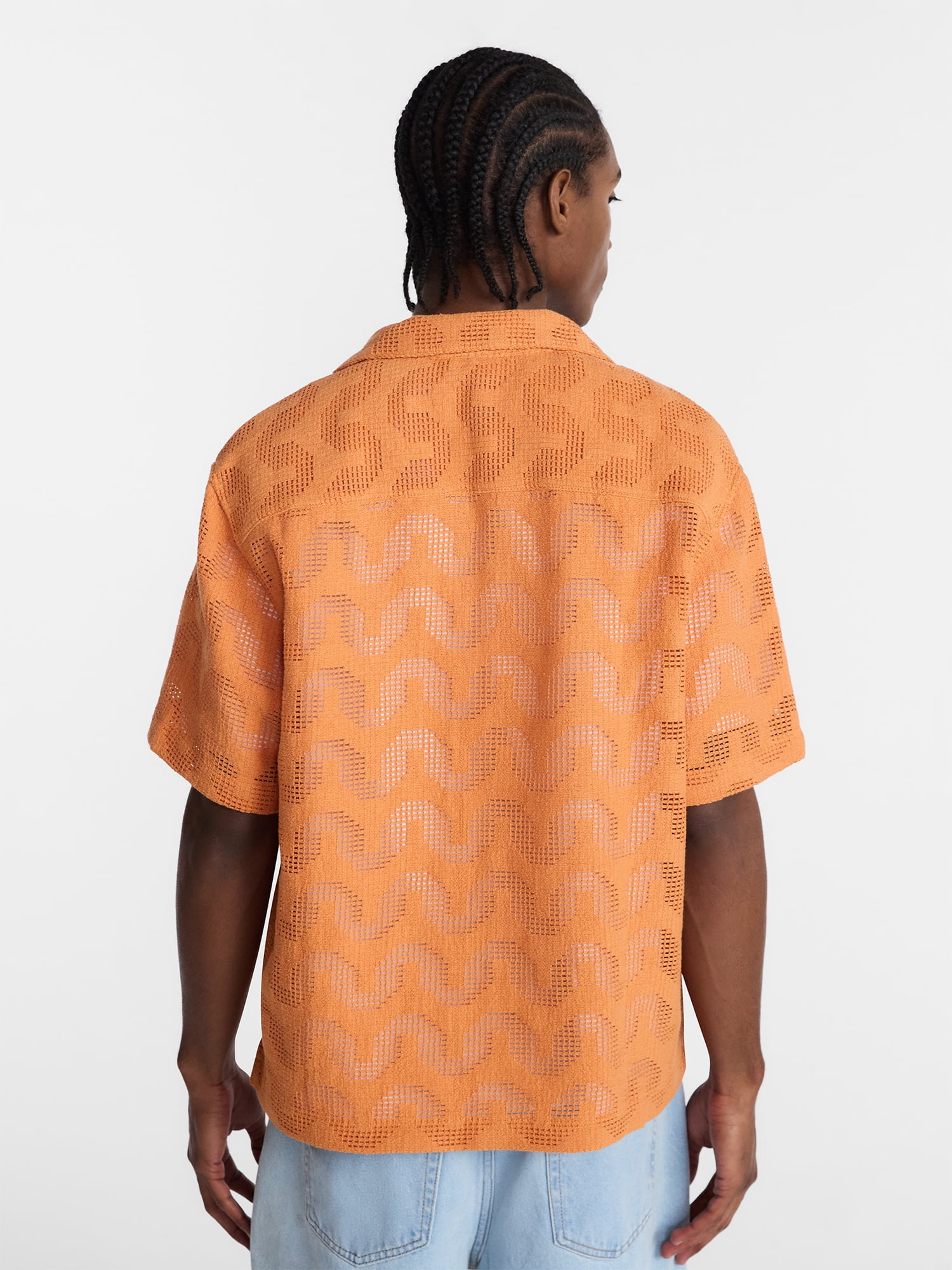 No Boundaries Textured Wave Design Resort Shirt with Short Sleeves, Men's XS-4XLT