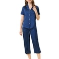 thumbnail image 2 of INSPIRE CHIC Women's Satin Pajamas Sets Short Sleeve Button Tops with Capri Pants 2 Pcs Loungewear L Blue, 2 of 6