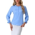 thumbnail image 1 of Blusa de oficina de botón con cuello de volantes y mangas abullonadas de INSPIRE CHIC para mujer, M, azul claro, 1 of 1