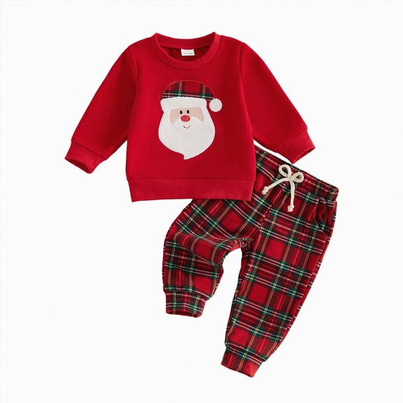 UAYOTSE Toddler Boys Santa Embroidery Christmas Outfit Plaid Pants Casual Holiday Suit For Kids Size 6-12 Months