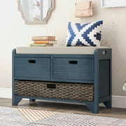 Dasun Storage Bench Entryway Bench with Removable Basket and 2 Drawers, Fully Assembled Shoe Bench with Removable Cushion for Hallway Entryway Living Room Navy