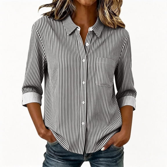MAFYTYTPR Women's Striped Button-Down Shirt Spring Summer 3/4 Roll-Up Sleeve Casual Tops for Everyday Wear XS-XXL