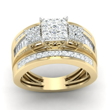 10K Yellow Gold 1 Ct Round Cut Diamond Three Stone Frame Cluster Engagement Ring I2
