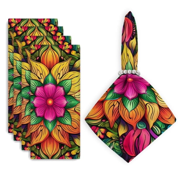 Bahomeck Napkins Set Of 4 Reusable Washable Square Fabric Dining Table Napkins Weddings Party Dinner Decor,18*18 Inch,Colorful Mandala Flower With Leaves And Swirls