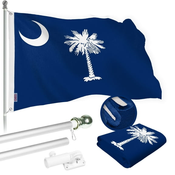 G128 Combo Pack: 5 Ft Tangle Free Spinning Flagpole (Silver) & South Carolina Flag 2x3 Ft Embroidered 220GSM Spun Polyester, Brass Grommets (Flag Included) Aluminum Flag Pole