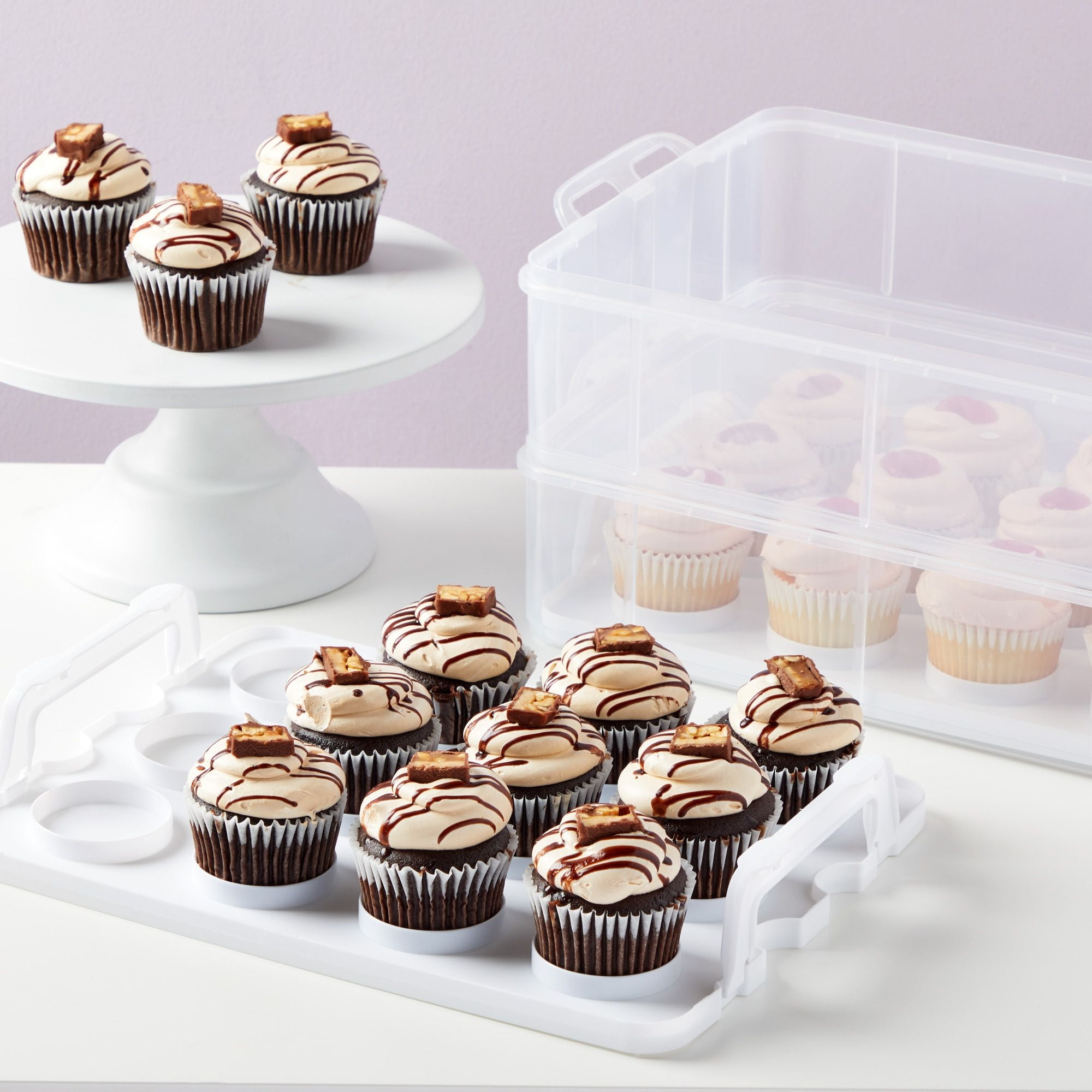 Flexzion Cupcake Carrier, Cupcake Holder for 24 Cupcakes, Portable and  Reusable Rectangular Cake Carrier with Lid and Handle, 2 Tier Stackable  Layer