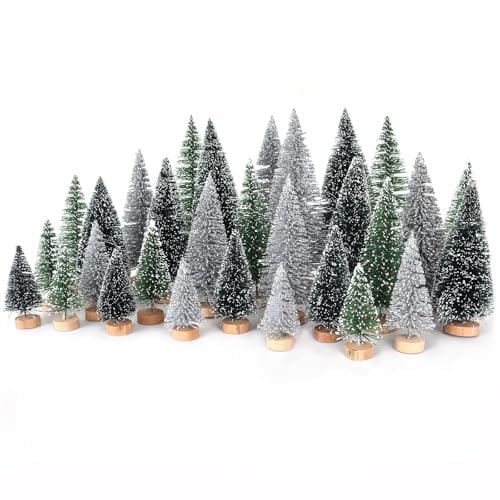 Mini Christmas Tree Christmas Decorations 30Pcs - Bottle Brush Christmas Trees with 5 Sizes,Miniature Pine Trees with Wooden Base for Christmas Party Home Table Craft Decor (Silver Green DarkGreen)