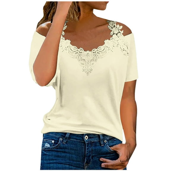 under $5 JINMGG Short Sleeve Womens Tops Summer Fashion Women's Summer V-Neck Casual Lace Patchwork Solid Caims Blouse Top Beige XXXL