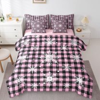 Homewish Winter Snowflake Twin Bedding Sets 7-Piece for Teens,Merry Christmas Bedding Comforter Set Microfiber,Geometric Plaid Grid Breathable Sheet Sets,Microfiber Bedroom Decor,Reversible