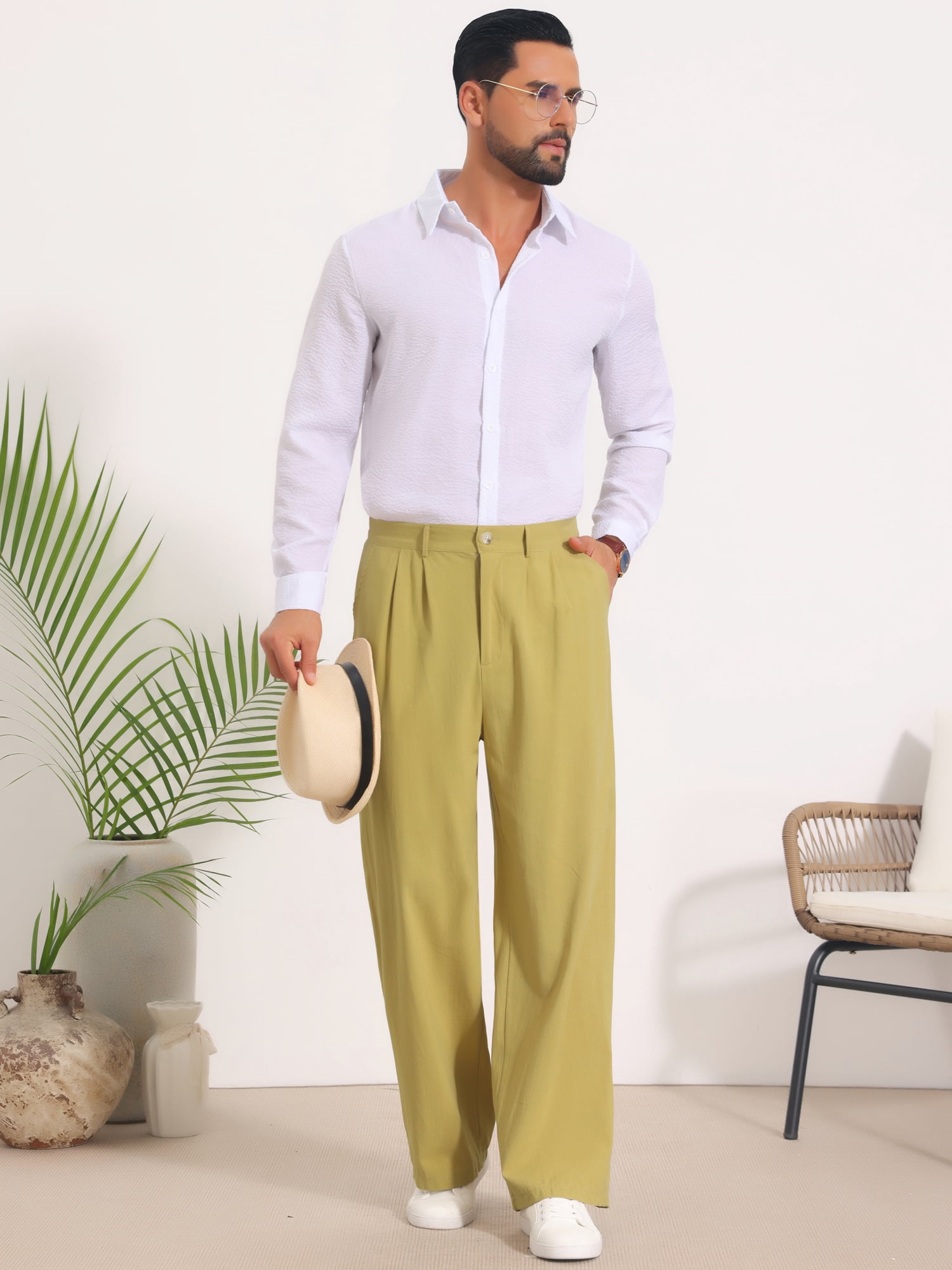 DARING DIVA Men's Lightweight Breathable Linen Pleated Pants with Side Pockets 38 Olive Green