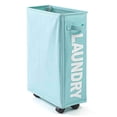 thumbnail image 2 of Rolling Slim Laundry Basket with Universal Wheels Corner Foldable Oxford Cloth Laundry Hamper Mesh Drawstring Dirty Clothes Organizer with 4 Support Rods, 2 of 7