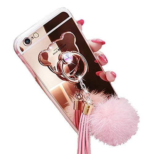 Iphone 6 Plus 6s Plus Case Luxury Fur Ball Soft Rubber Bumper Bling Diamond Glitter Mirror