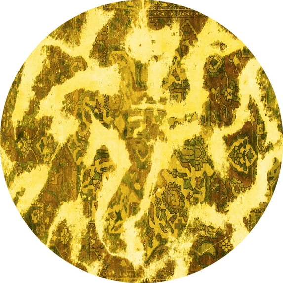 Ahgly Company Machine Washable Indoor Round Abstract Yellow Modern Area Rugs, 8' Round