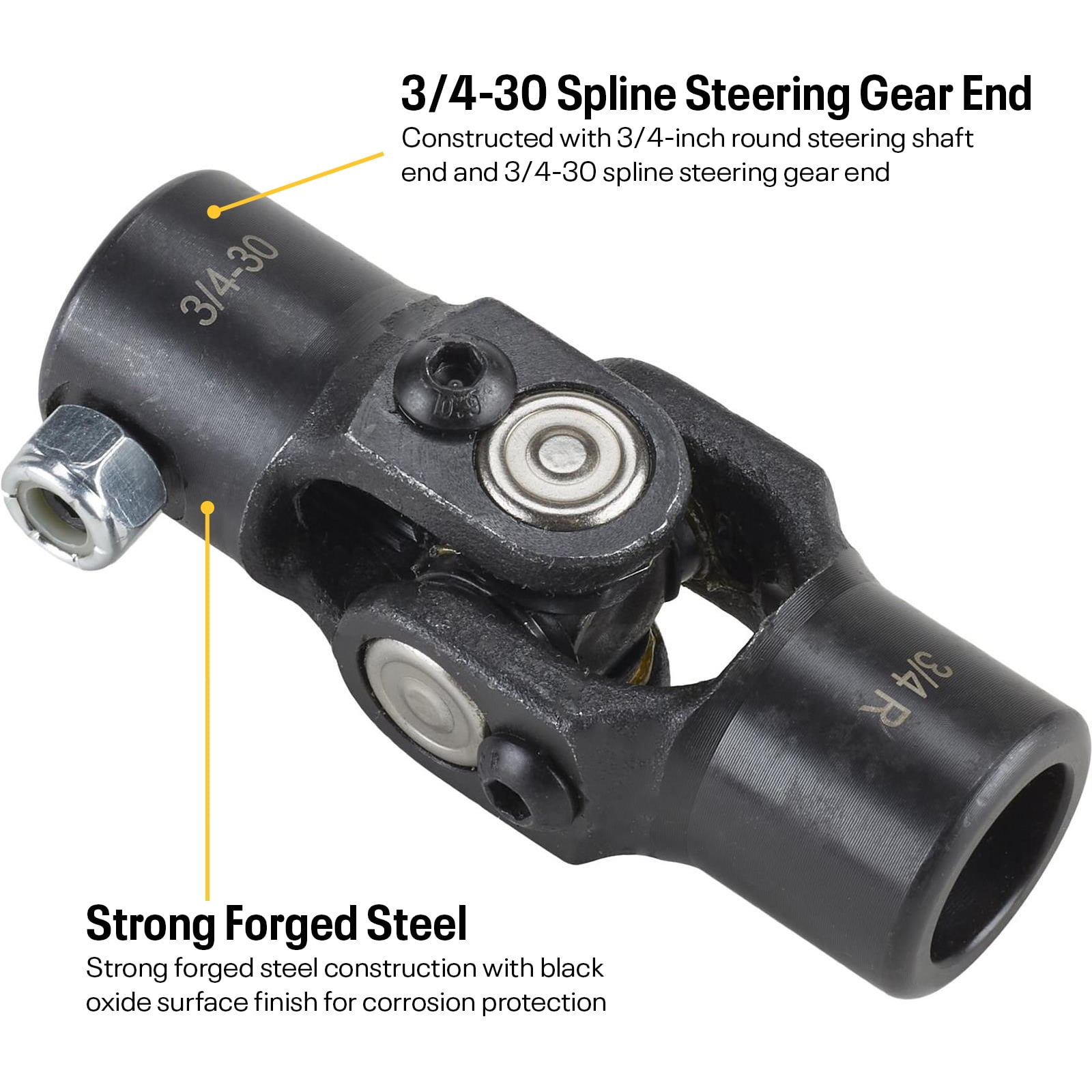 Speedway Motors Small GM Power Steering U-Joint, 1978-Up 3/4-30 Spline to 3/4 Round Forged Steel Steering Shaft Coupler with Black Oxide Finish