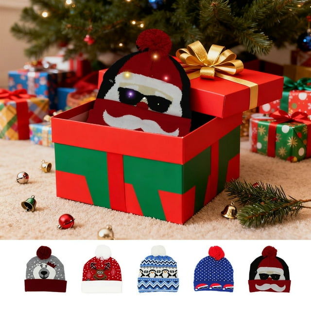 Gorro Navideño Led de Papá Noel con Pompón de Pelo, Tejido de Punto, Cálido, de Lana, Ideal para El Invierno | Multicolor | Material Acrílico | 21 X 20 X 1 Cm | Decoración Navideña | 1 Unidad