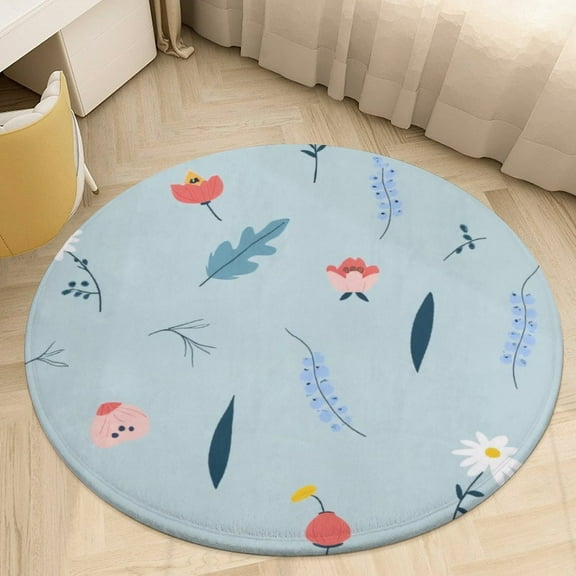 Floral Pattern with Daisies And Leaves Round Area Rugs for Bedroom Living Room, 4FT Soft Comfy Indoor Circle Carpets, Carpet Home Decor Floor Mat
