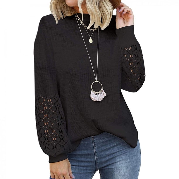 Puntoco Mujeres Casual Sólido O-cuello Encaje Patchwork Manga larga Jersey Blusa Camiseta tops Puntoco Puntoco-7251