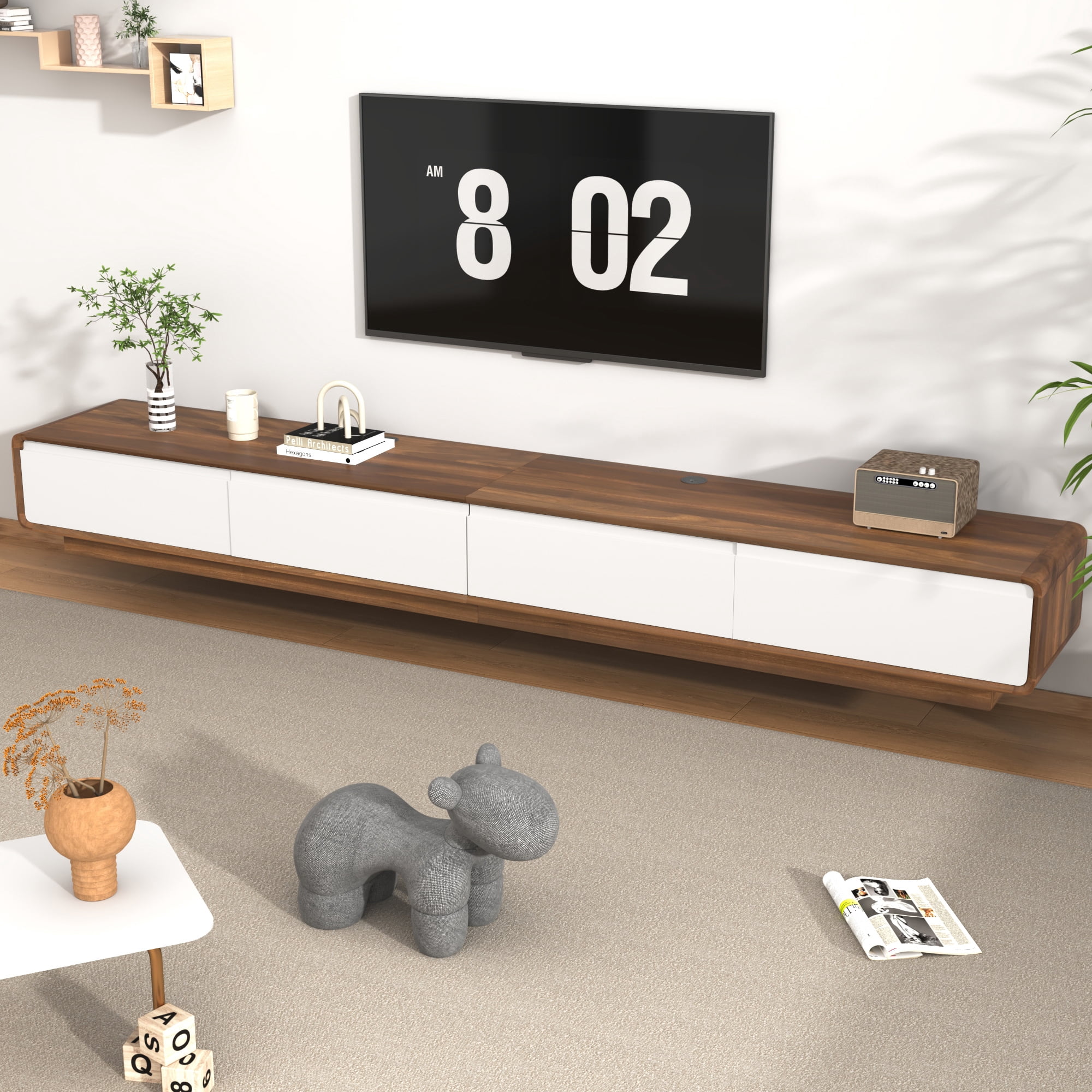 Blotout 94.5''Minimalist Floating TV Stand, Modern Wall-Mounted Media Console with 4 Drawers for Wall-mounted TV Up to 110'', Walnut & White