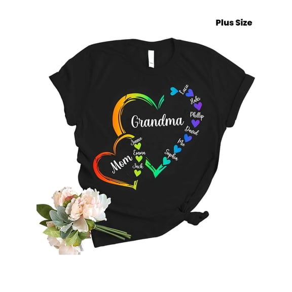 Personalized Mom & Grandma Love Hearts T-Shirt, Custom Family Names Vibrant Gradient Tee, Special Mother's Day Birthday Gift for Her, Plus Size Comfort Fit