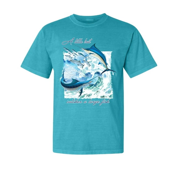 Wild Bobby, A Little Bait Catches a Large Fish Swordfish, Garment-Dyed Washed Look Short Sleeve Tees, Blue Lagoon, Small