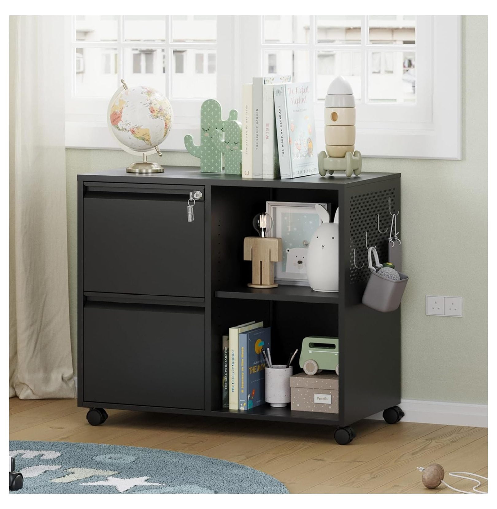WDZS Mobile File Cabinet, Metal Lateral Rolling Printer Stand Filing Cabinets with Shelves for Home Office-Storage A4/F4/Letter (Black)