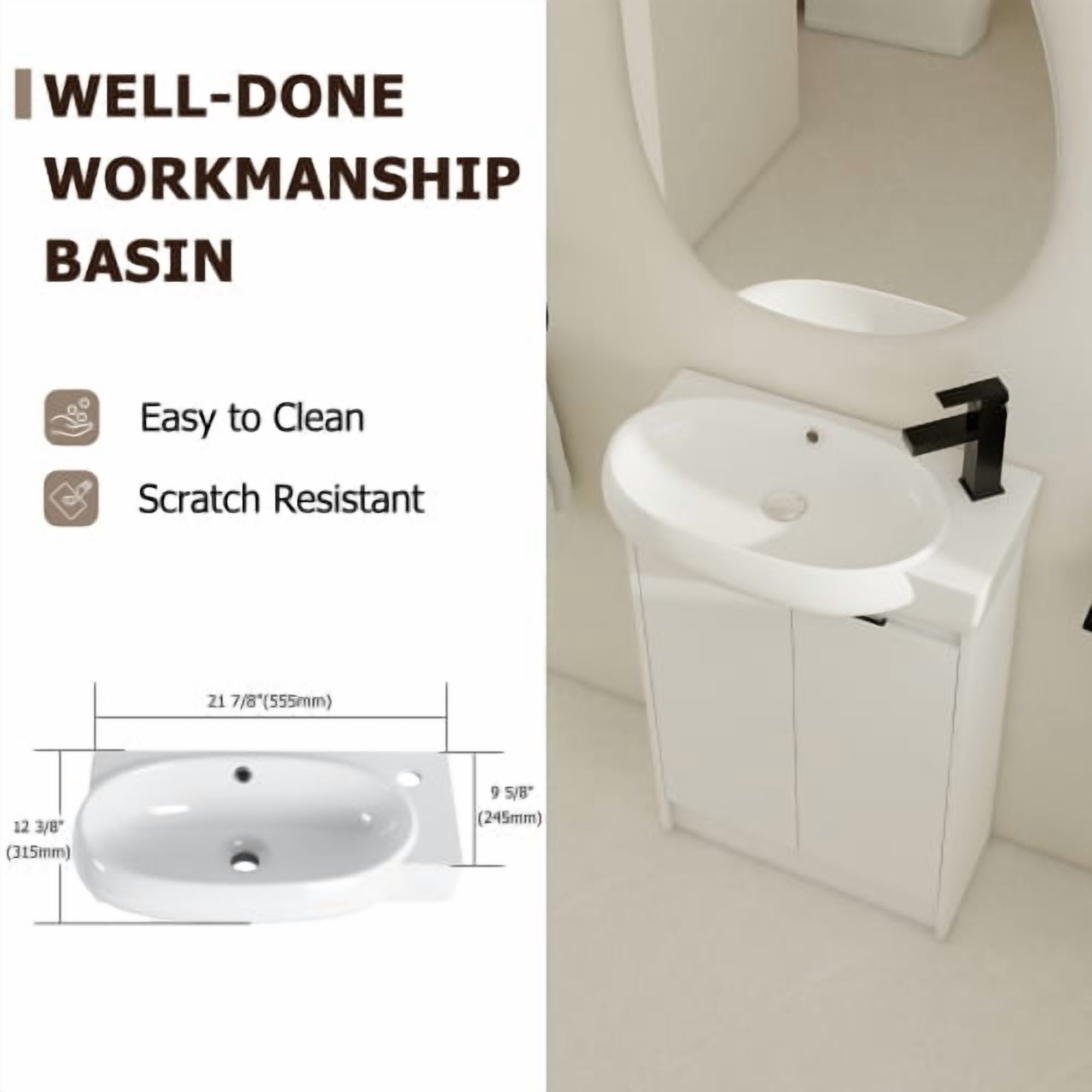 23 inch Freestanding Bathroom Vanity with Sink, Modern Compact Vanity with Soft Close Doors, Small Space Bathroom Storage Cabinet, Glossy White