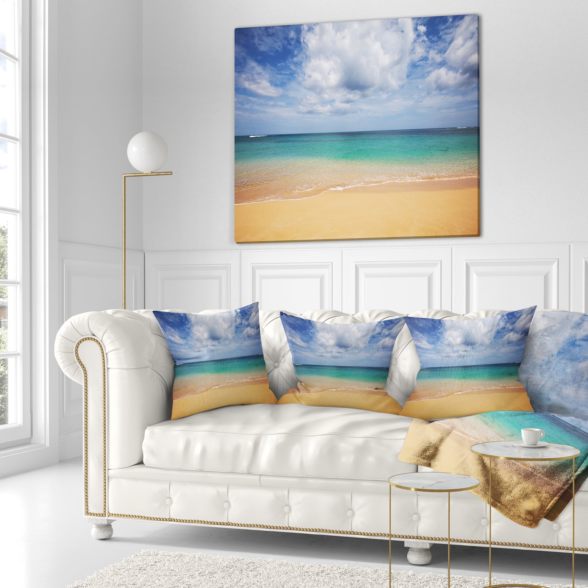 Designart Bright Seashore with Heavy Clouds - Modern Beach Throw Pillow - 16x16