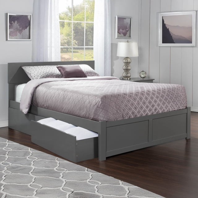 Lit Plateforme Grand en Bois Orlando avec Pied de Lit et Tiroirs de Rangement, Gris