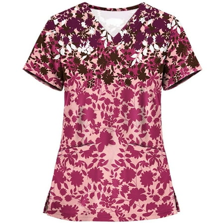 

Akklian Summer Savings Clearance Scrubs for Women Casual Working Uniform Print Short Sleeve V-Neck Top Pockets Blouse