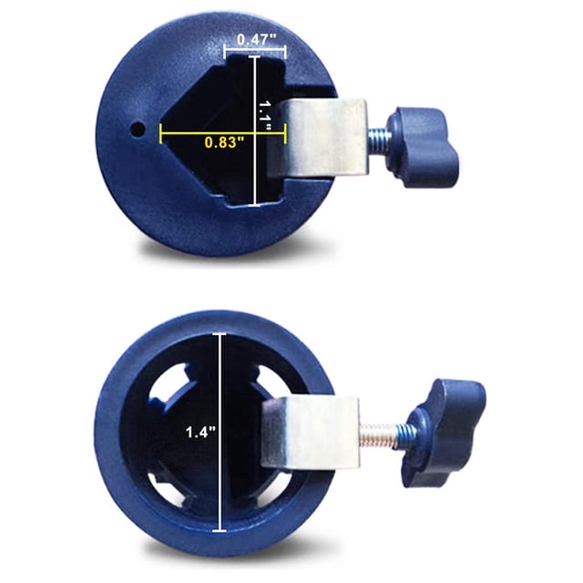 Adaptateur d'Angle d'Attache pour Perche 2X, Porte-Outil pour Perche d'Extension Filetée, Montré en Plastique Bleu avec Extrémités Filetées Universelles et Fonction de rotation à 160 Degrés. Conçu pour Tenir en Toute Sécurité des Outils comme des Rouleaux de Peinture, des Brosses et des Outils de Nettoyage. Comprend des dimensions de 0,47 Pouce, 0,83 Pouce et 1,4 Pouce pour la Compatibilité. Idéal pour Accéder aux Zones Difficiles d'Accès comme les Gouttières, les Rebords de Fenêtre et les Lustres.