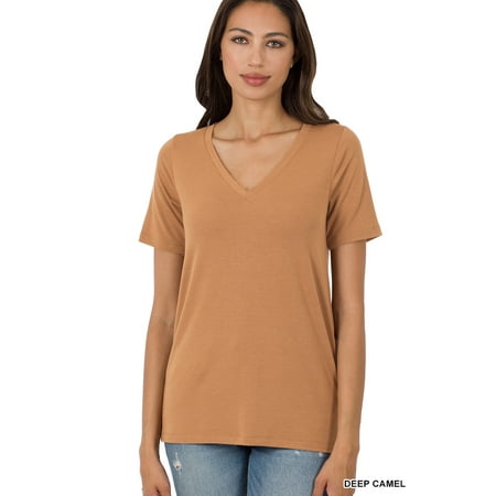 Zenana Women & Plus Relaxed Fit V-Neck Short Sleeve Basic Jersey T-Shirt Tops price history on PriceWatchPro