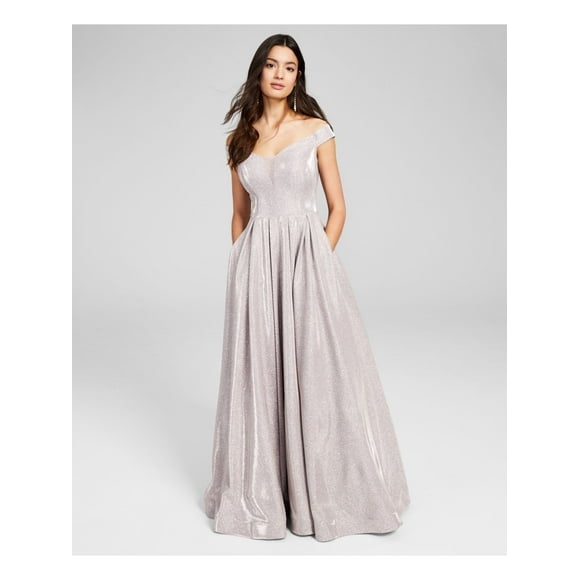 B DARLIN Womens Pink Glitter Zippered Lined Off Shoulder Full-Length Formal Gown Dress Juniors 0