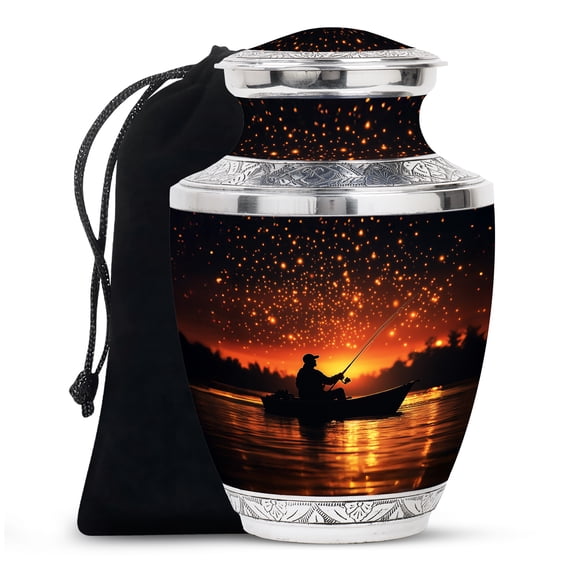 Boat With Fishing Large Urns For Adult Mom & Dad Ashes - Cremation Urns For Human Ashes Adult Female - Burial Ashes Adult Male - 10 Inch
