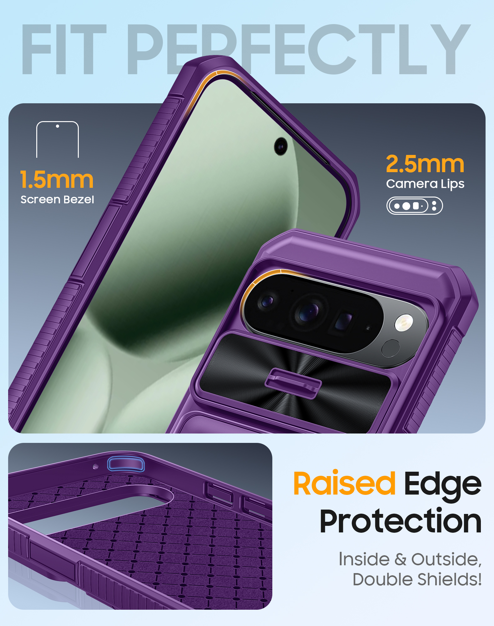 Vizvera for Google Pixel 10 Pro XL Wallet RFlD Cards Holder,Camera Control,Camera Cover,Rugged Shockproof Silicone Protective Phone Case-Purple