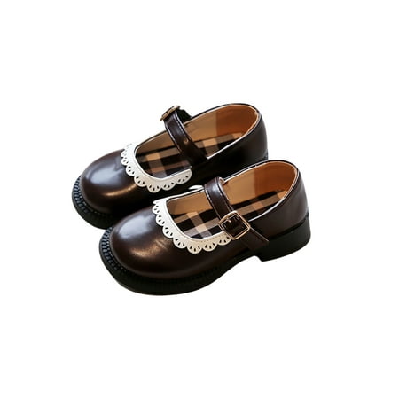 

ThaisuSpring Autumn Princess Shoes Sweet Style Lace Decoration Round Head PU Leather Shoes