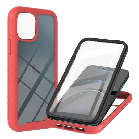 Feishell for iPhone 13 6.1 inch Case with PET Front Film,Drop Protection Hybrid 3-in-1 Rugged Clear Anti-yellowing Slim Full Body Protection Phone Case Support Wireless Charging,Red