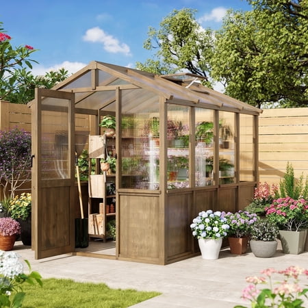 Dateyes 6x8 FT Wooden Greenhouse Polycarbonate Panels with Automatic Roof Vent & Lockable Door Outdoor Walk-in Garden Greenhouse Gray
