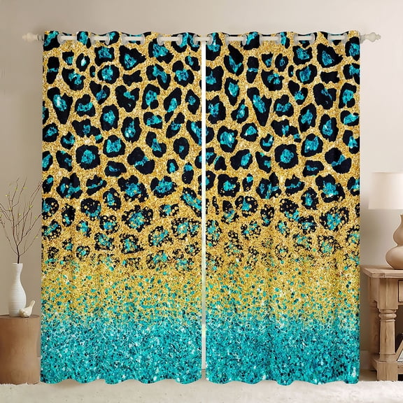 Homewish Cheetah Leopard Print Black Out Curtains for Adult, Gold Cyan Curtains Pack of 2 (42x63 Each), Glitter Sequin Print Bedroom Curtains, Blackout Curtains Room Decor