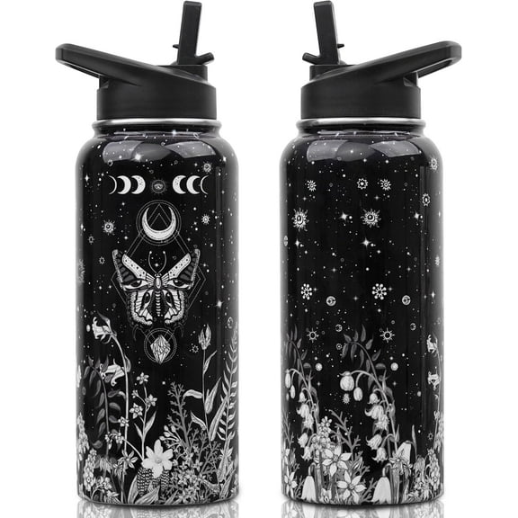 Gothic Water Bottle 32 oz Stainless Steel - Insulated, Leakproof & Reusable with Straw & Lid - Goth Gifts for Women (Halloween Gift Ideas)