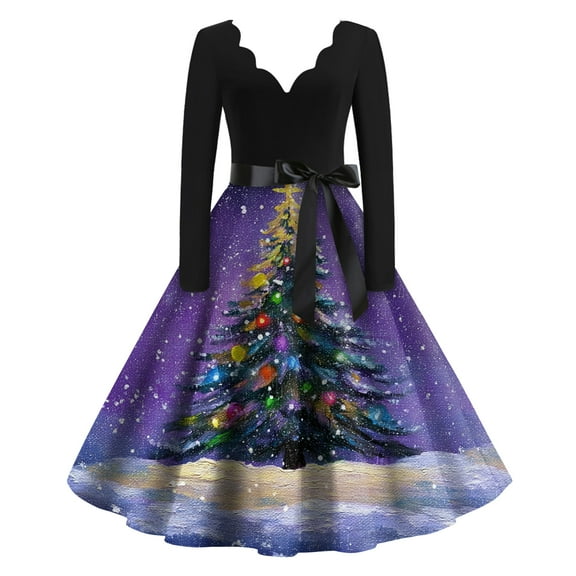 Women's Casual Fashion Christmas Holiday Print V-neck Vintage Dress for Retro Style and Party Occasions, Comfortable Women's Long Sleeve Holiday Dress,Purple,L