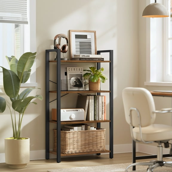 VASAGLE Estantería de 4 niveles, estantería con marco de acero, estante para libros para sala de estar, oficina en casa, estudio, 11.8 x 26 x 47 pulgadas, estilo industrial, marrón rústico y negro